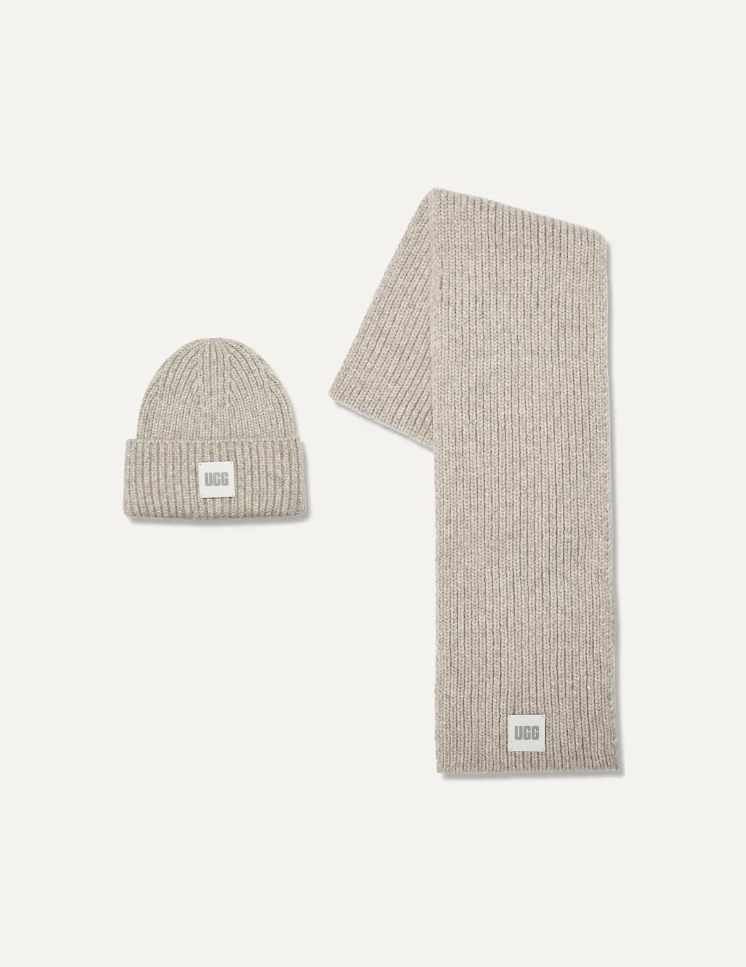 Set bufanda y gorro de UGG Chunky rib gris de mujer