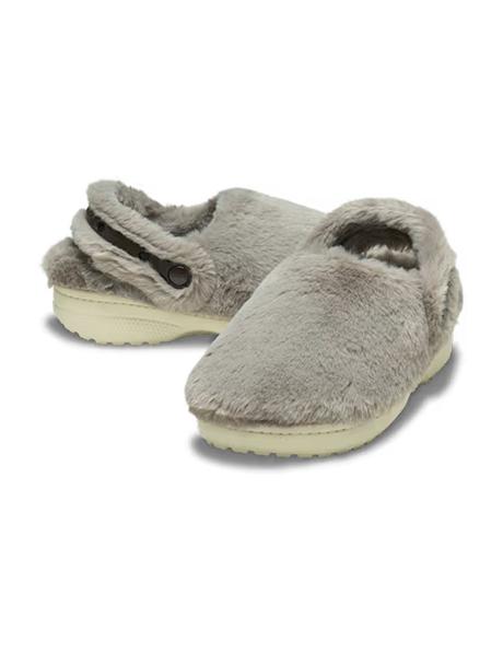 Zuecos Crocs Classic Unfurgettable grises con pelo de mujer